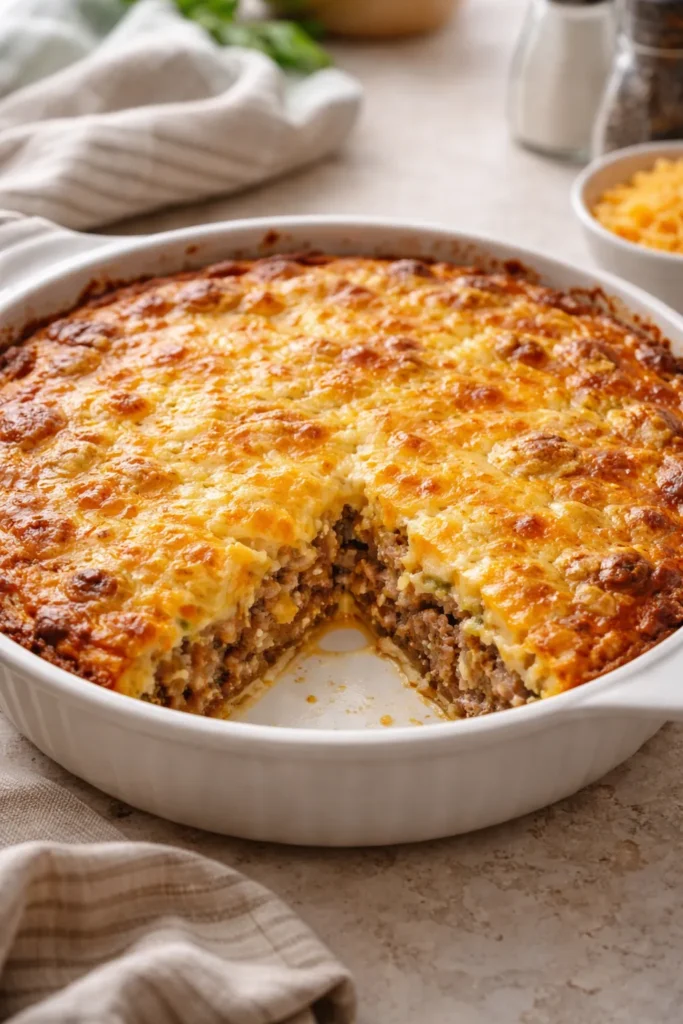 Close-up of Bisquick Impossible Cheeseburger Pie in a round dish on a neutral counter