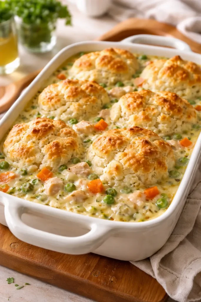 Chicken pot pie with drop biscuits topping