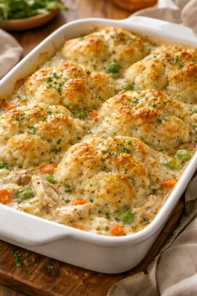 Close-up of Easy Chicken and Bisquick Dumplings atop creamy chicken filling