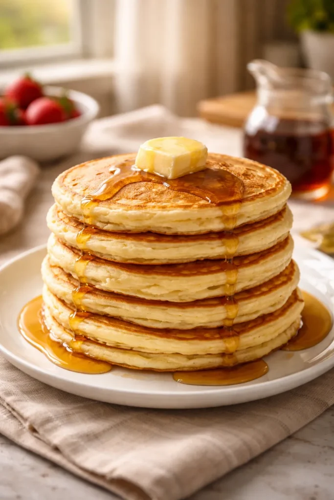 Stack of fluffy Classic Bisquick Pancakes on a plate with melting butter in a bright breakfast setting