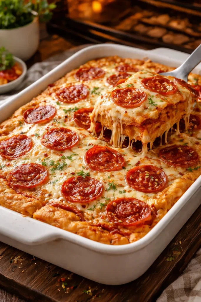 Pizza casserole with sauce, cheese, pepperoni and Bisquick crust