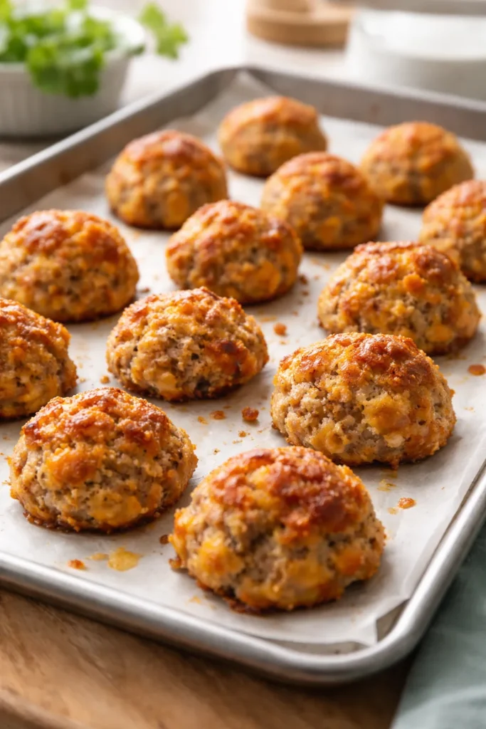 Golden sausage balls on parchment paper in a bright kitchen