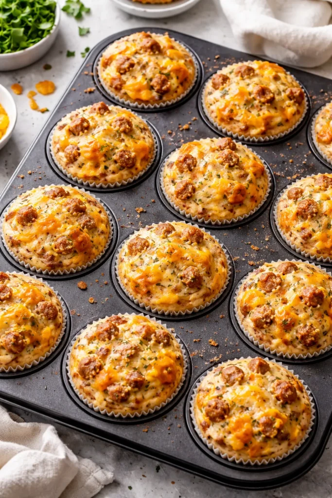 Savory sausage and cheese muffins in muffin cups