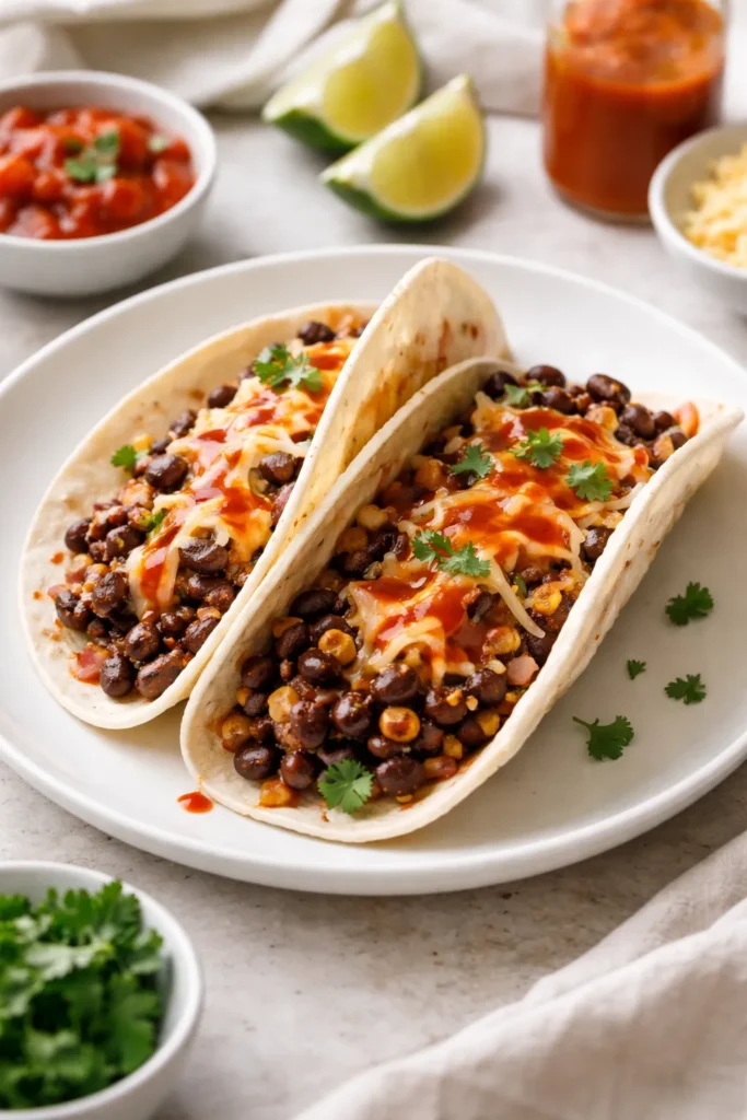 Two black bean tacos with cheese and hot sauce on a plate