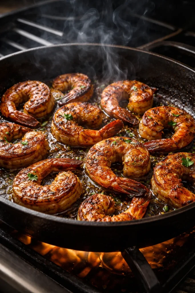 Close-up of blackened shrimp in a cast-iron skillet with a dark spice crust
