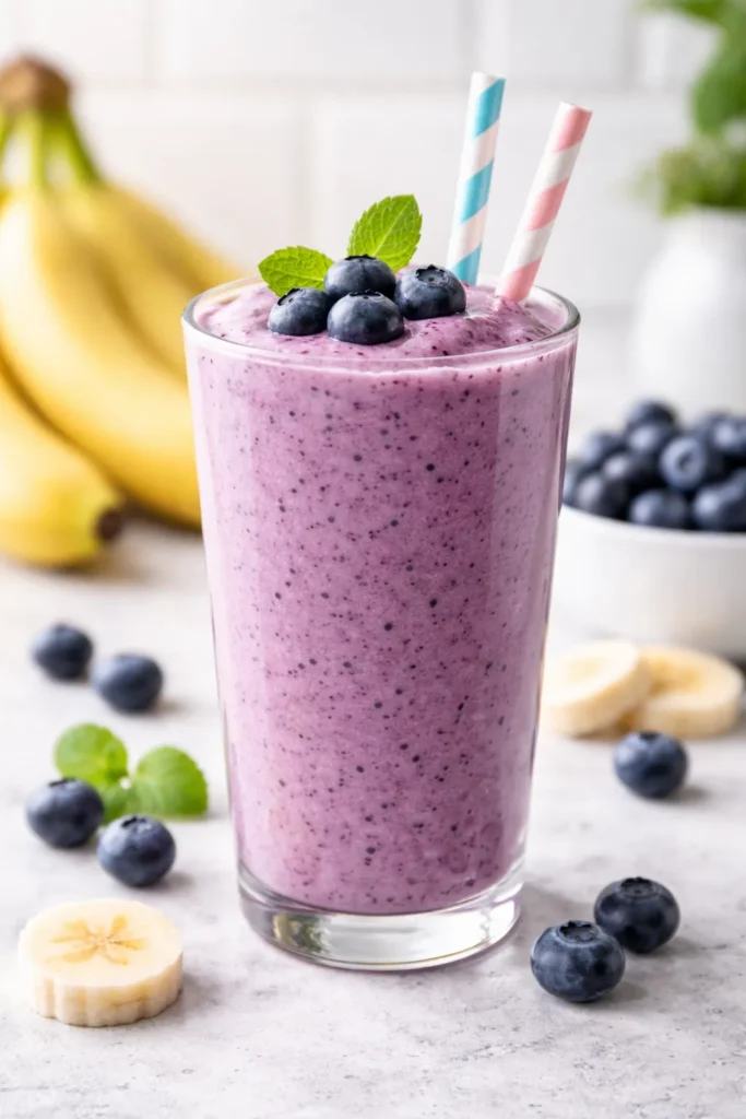 Glass of blueberry banana smoothie with a straw on a clean background