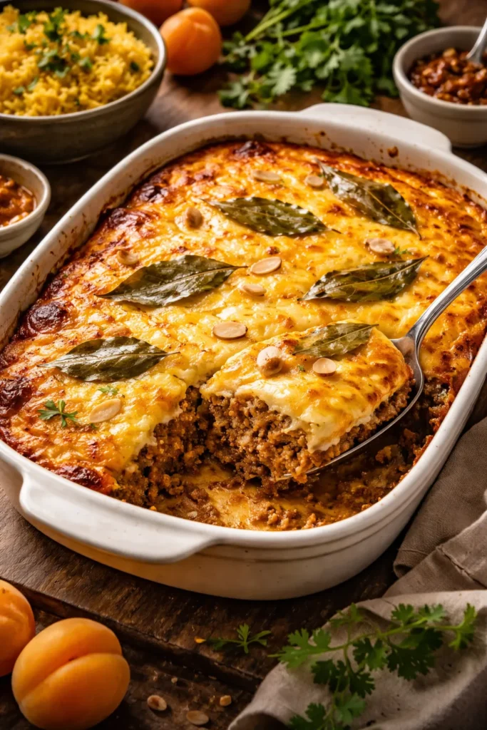 Bobotie baked dish with spiced mince and egg custard topping