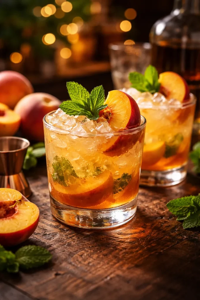 Close-up of bourbon peach cocktail in a glass with mint and peach garnish