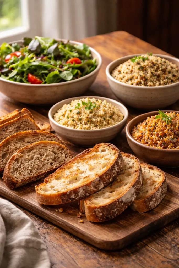 Bread, grains, and salad side dishes arranged on rustic table to accompany lentil kale soup