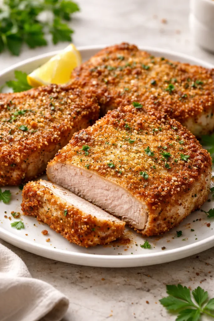 Crispy parmesan crusted pork chop on a plate