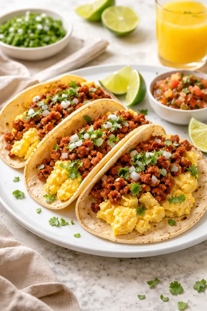 Chorizo breakfast tacos with scrambled eggs on a plate