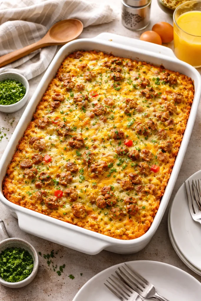 Golden breakfast sausage hash brown casserole fresh from the oven