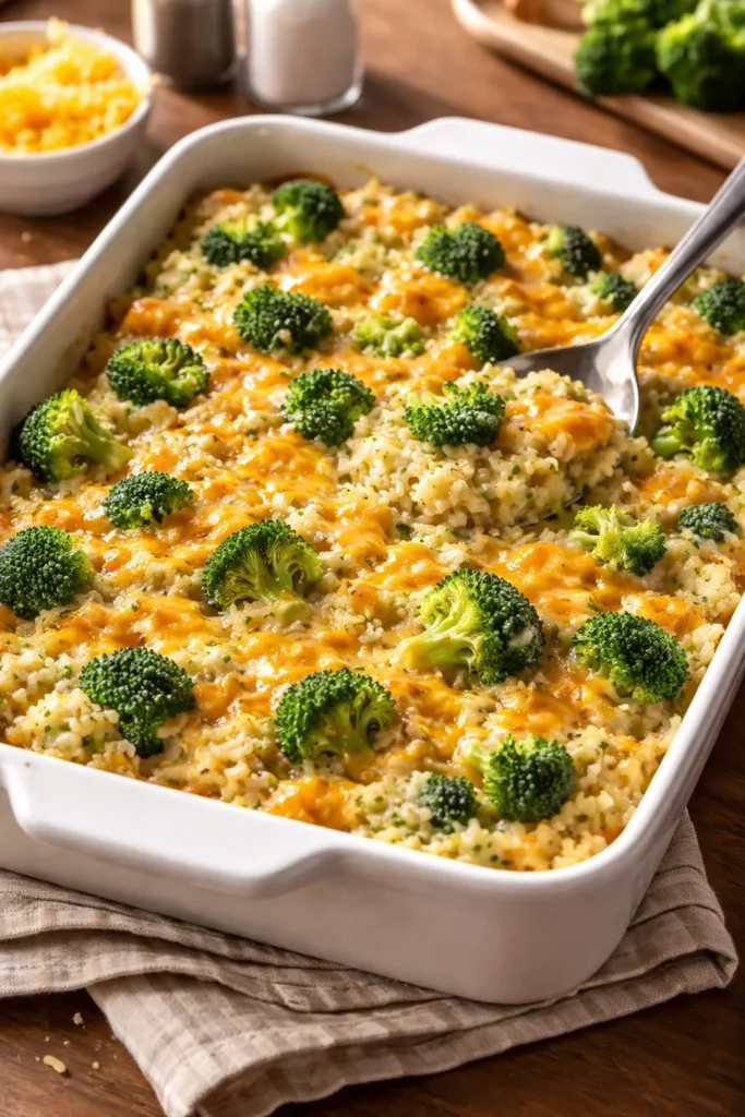Broccoli cheddar rice bake in a casserole dish with broccoli and melted cheddar