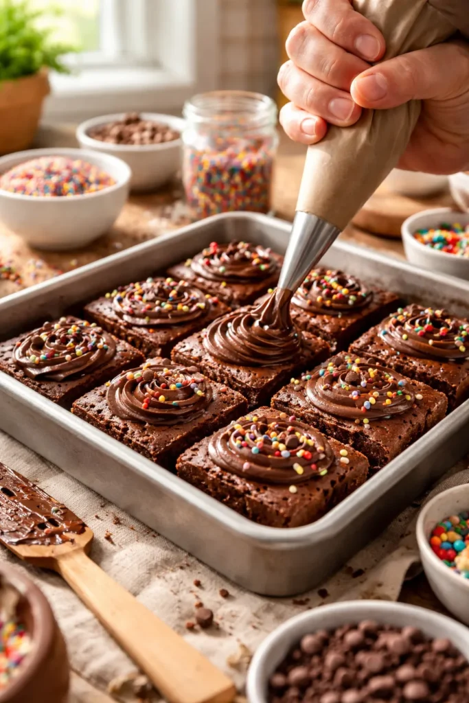 Close-up of brownies being decorated with frosting and sprinkles in a sunny kitchen