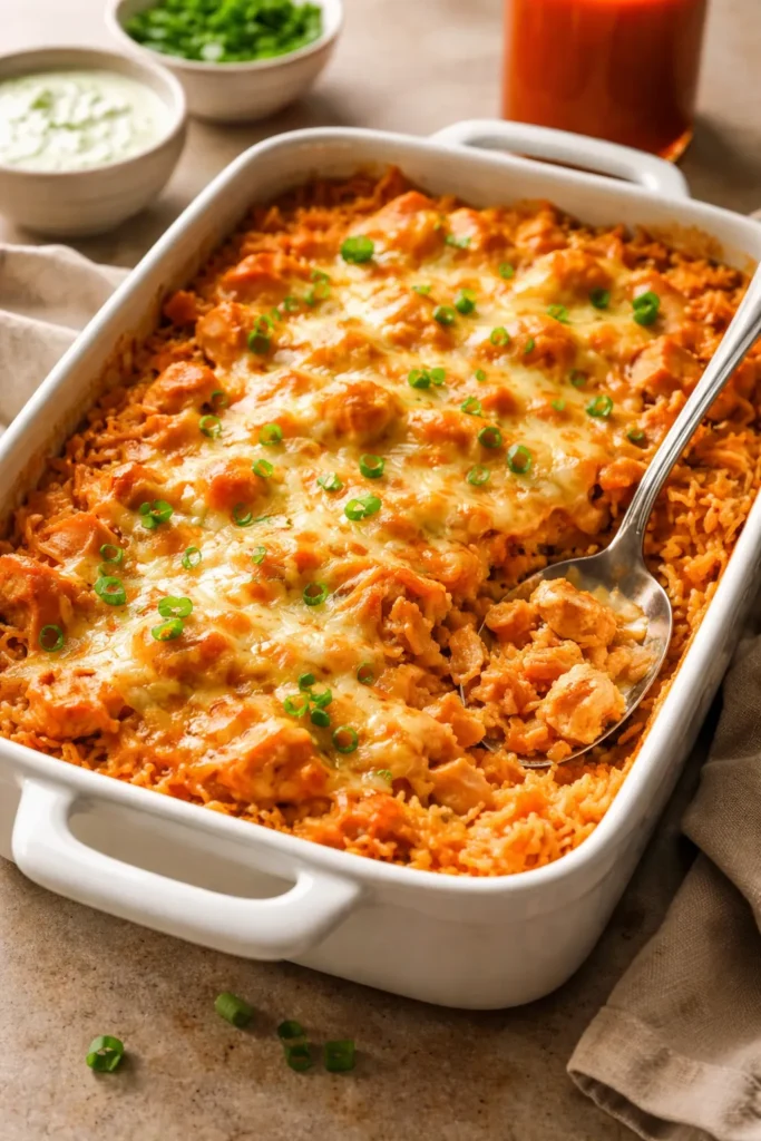 Close-up of Buffalo Chicken Rice Casserole baked in a dish with creamy topping