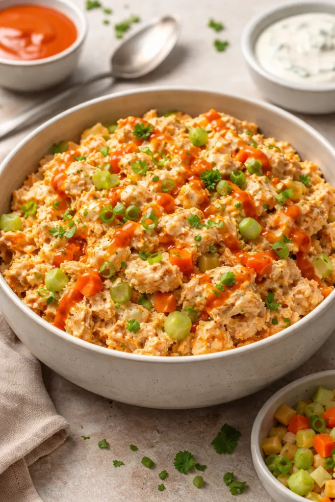 Buffalo ranch chicken salad with celery and carrots in a bowl
