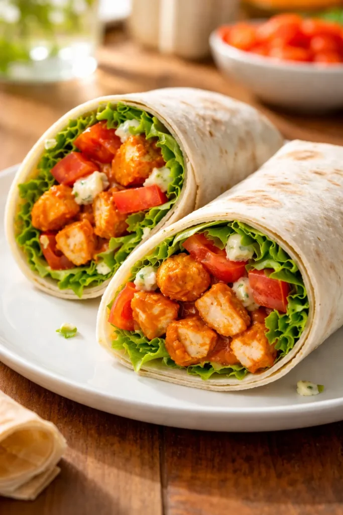 Cross-section buffalo chicken wrap on plate showing spicy filling with lettuce and dressing