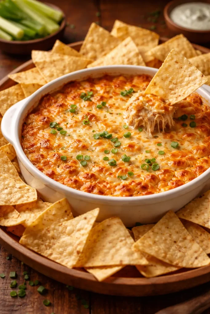 Creamy buffalo chicken dip with melted cheese and tortilla chips