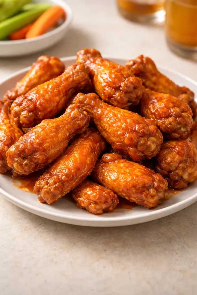 Close-up of crispy buffalo wings on a white plate
