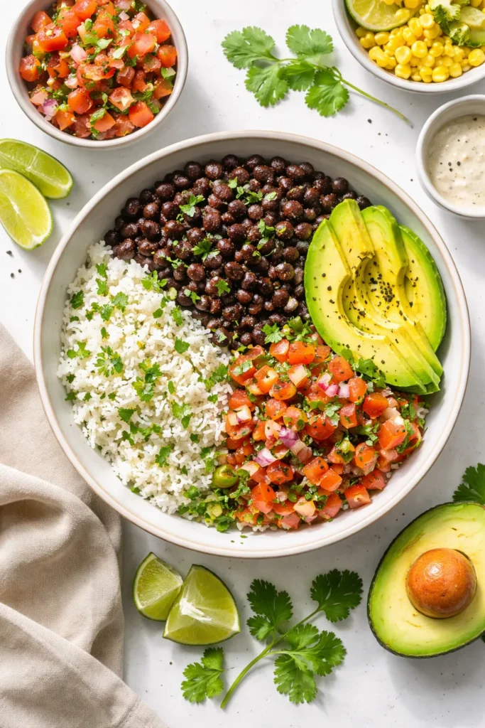 Top-down burrito bowl with black beans, cilantro-lime rice, pico de gallo, and avocado