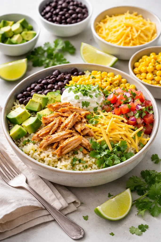 Burrito bowl with rice, beans, chicken, corn, avocado and cheese