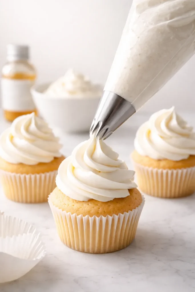 Pristine white all-shortening buttercream in a piping bag with nozzle ready to pipe