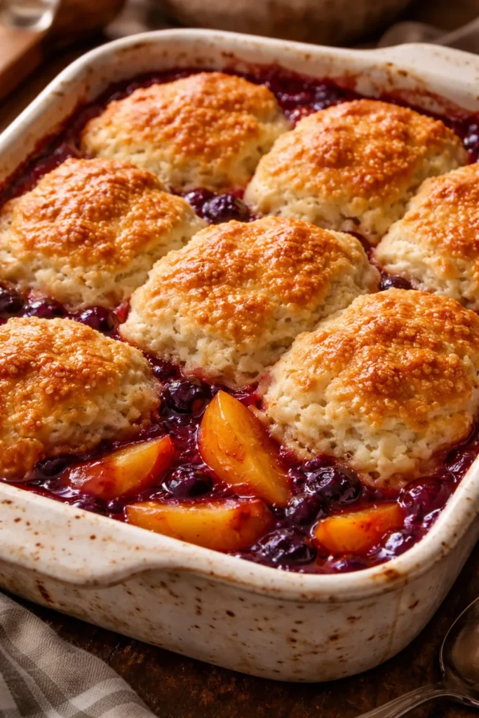 Close-up of golden buttermilk biscuit topping on bubbling fruit cobbler