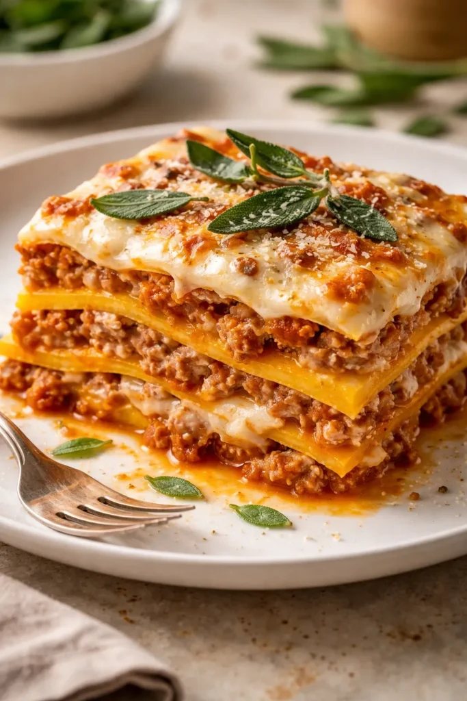 Slice of butternut squash lasagna with pork ragù and bechamel layers