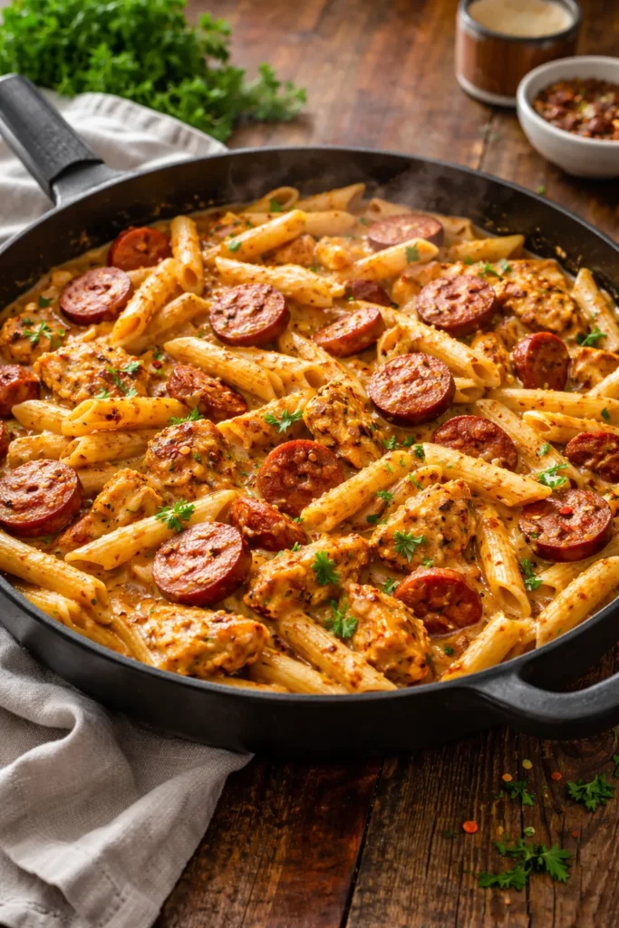 Cajun chicken pasta with Andouille sausage in a creamy sauce in a skillet.
