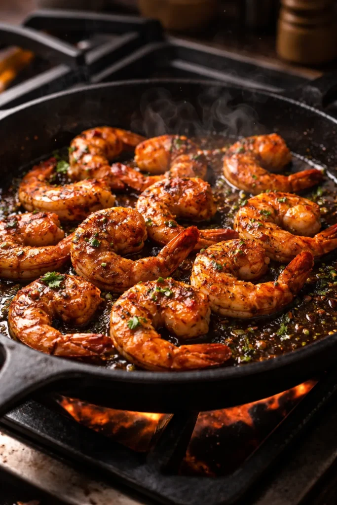 Close-up of Cajun shrimp in a hot skillet with a charred, spiced crust