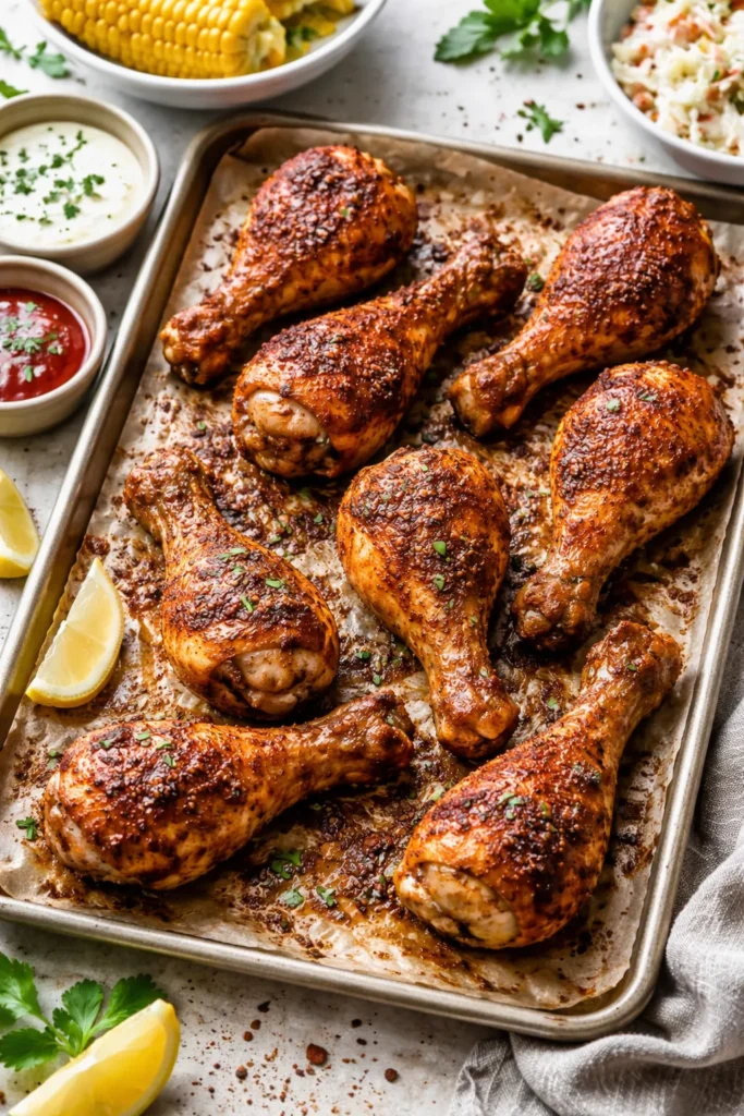 Cajun-spiced baked drumsticks with paprika coating on a neutral surface
