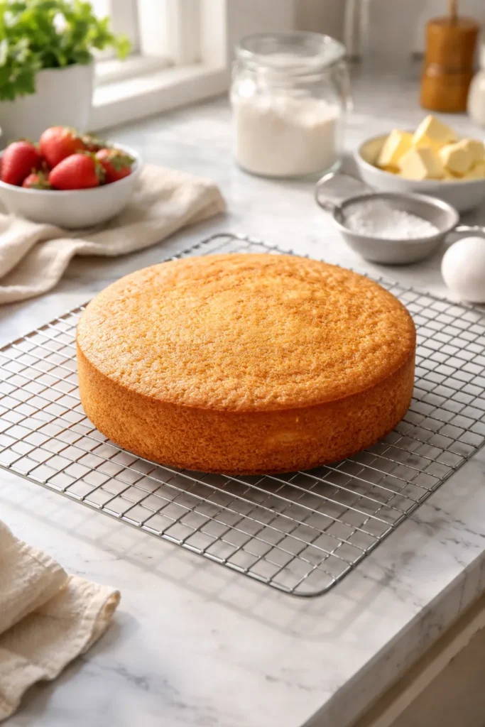Cake cooling on a wire rack on a kitchen counter
