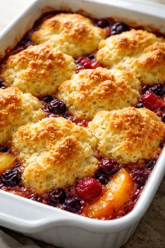 Close-up of cake-like drop topping over fruit cobbler