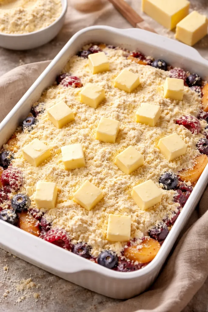 Dry cake mix with butter cubes on top of fruit cobbler