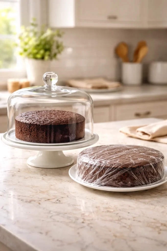 Cake stored under a dome and a wrapped cake on the counter