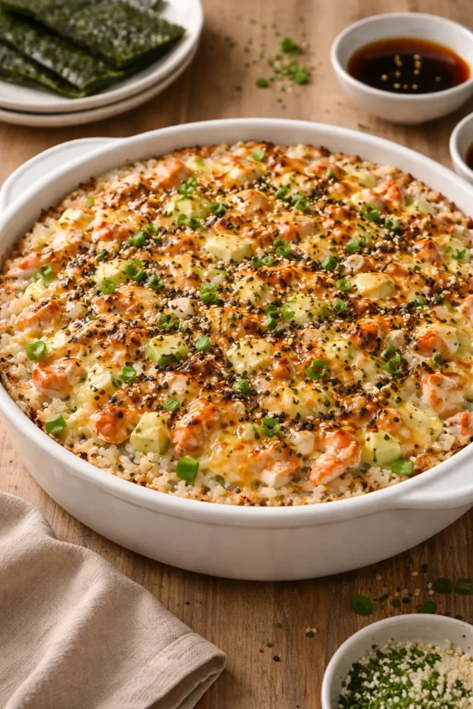 California roll-inspired sushi bake with crab and cucumber layers topped with mayo