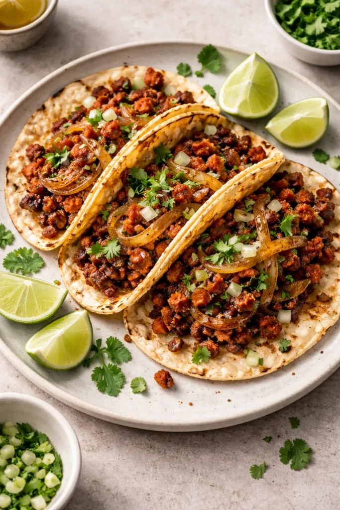 15-minute chorizo tacos with caramelized onion on a neutral surface