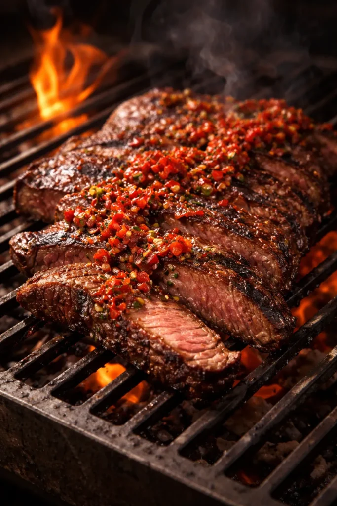 Charred skirt steak with red chimichurri on top
