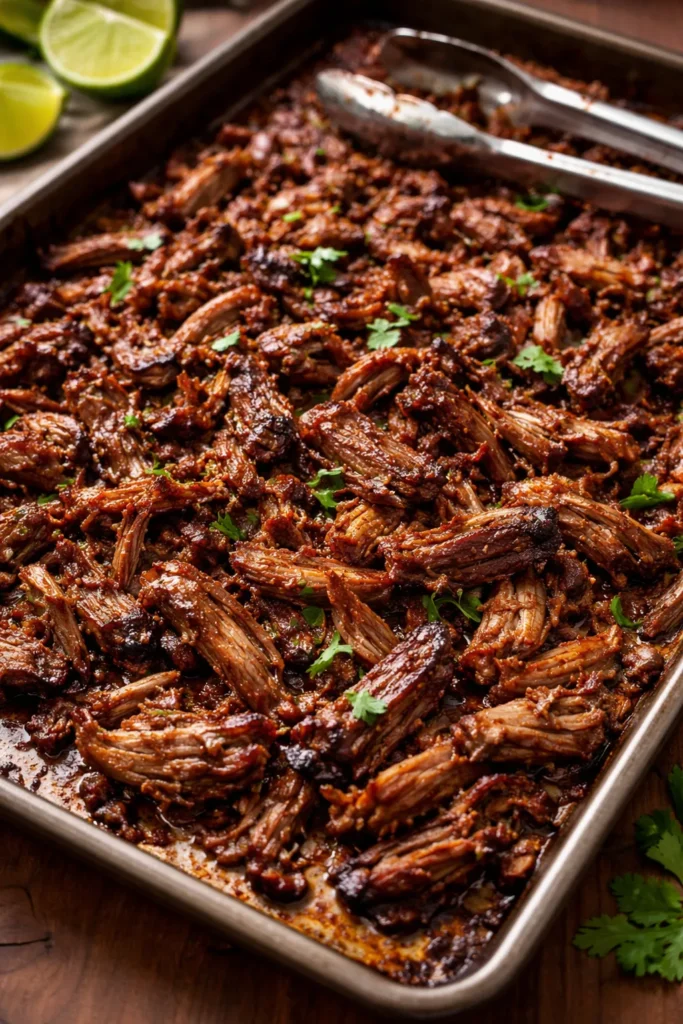 Shredded beef carnitas with crispy edges on a baking sheet