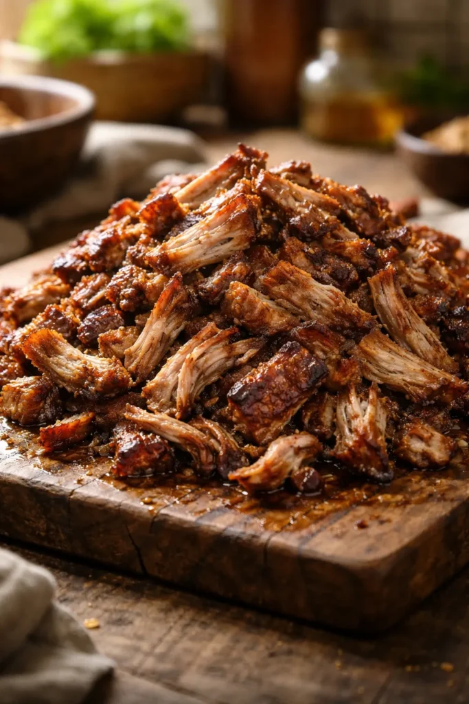 Shredded carnitas with crispy edges on a wooden board.