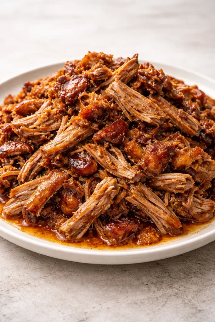 Shredded carnitas on a white plate with caramelized edges and braising juices.