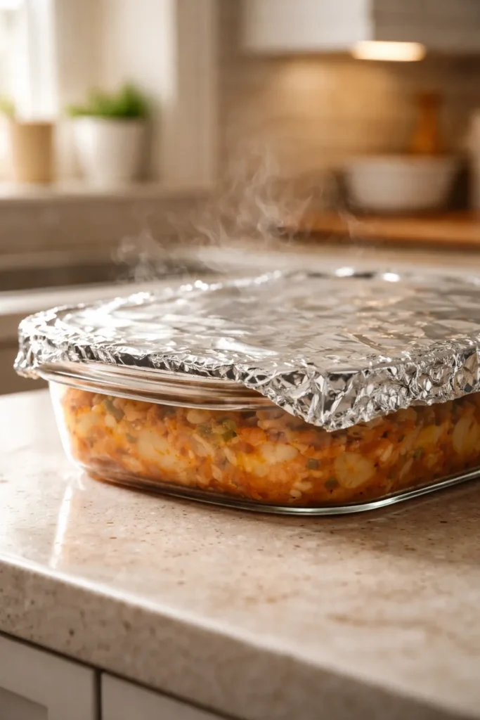 Close-up of a sealed casserole dish with foil lid and steam on a clean kitchen counter