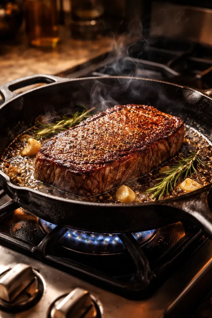 Close-up of a cast iron skillet browning steak to show Maillard browning
