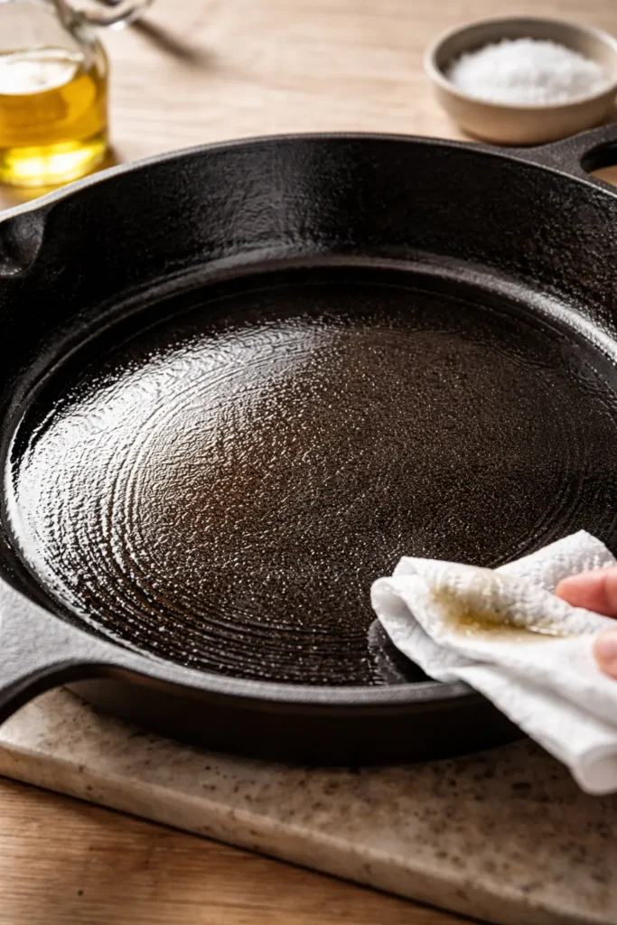 Interior of cast iron skillet with a thin oil sheen