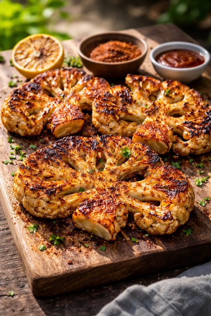 Grilled cauliflower steaks with smoky BBQ rub on wooden board