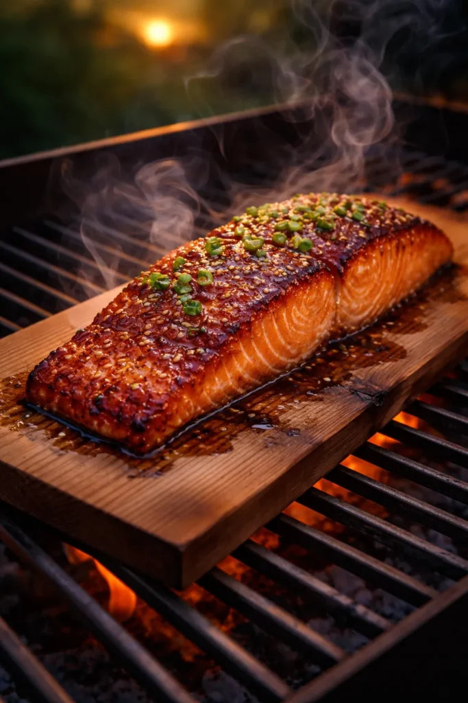Salmon on cedar plank with miso glaze and smoke rising from grill