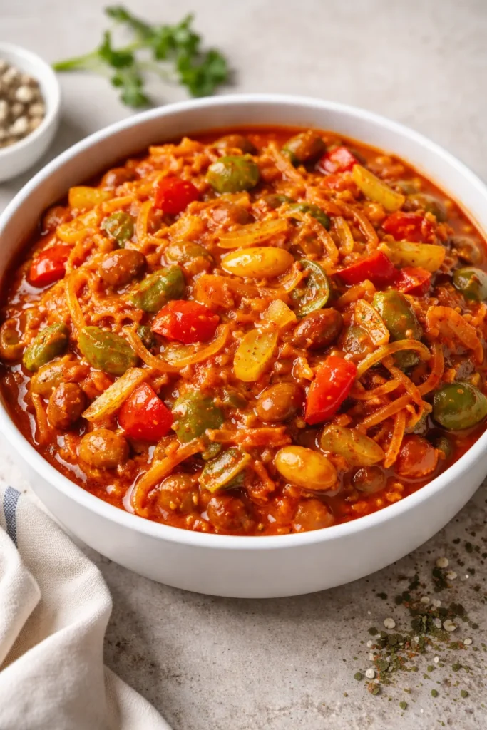 Vibrant chakalaka relish in a white bowl