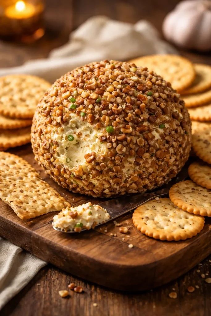 Creamy garlic and onion cheddar cheese ball on wooden board with crackers