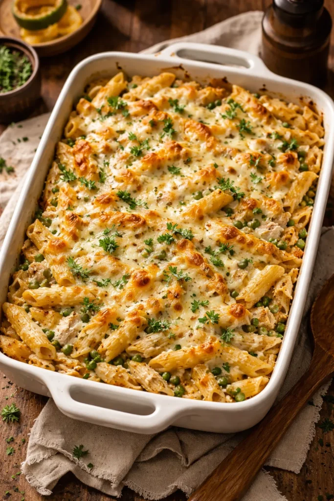 Creamy chicken Alfredo pasta bake in a baking dish with penne and melted mozzarella
