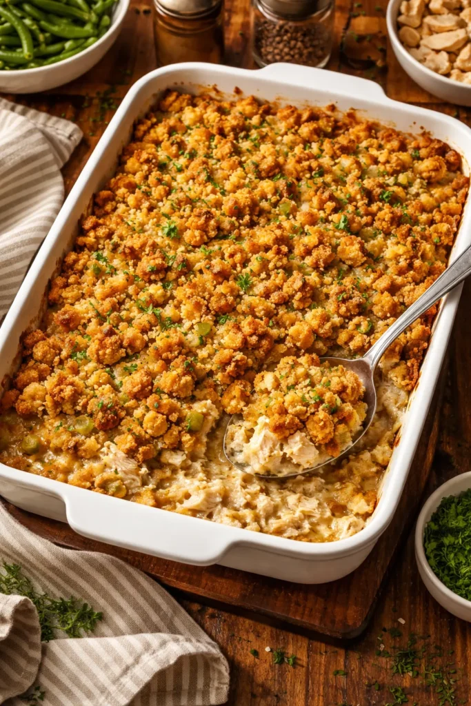 Chicken stuffing casserole with golden top and creamy filling